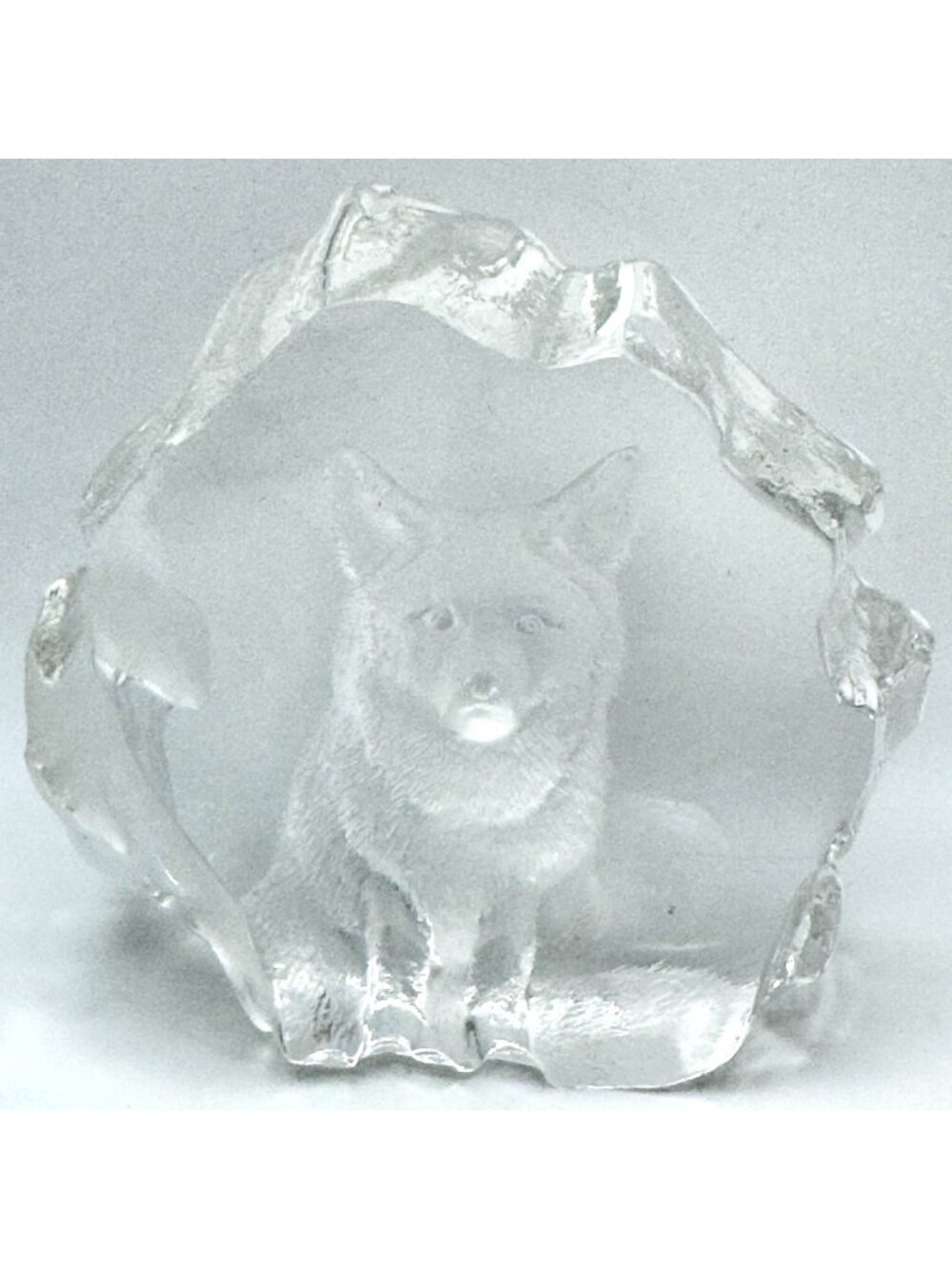 Mats Jonasson Arctic Fox Etched Crystal Sculpture Sweden Frosted 3D Vtg Figurine